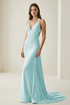 Pink Halter Satin Mermaid Open Back Long Formal Prom Dresses - Curvevia