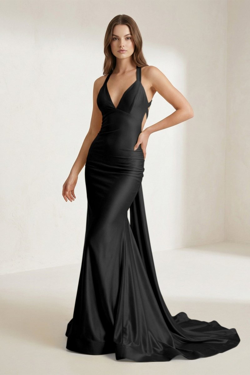 Pink Halter Satin Mermaid Open Back Long Formal Prom Dresses - Curvevia