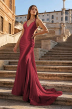 Pink Halter Satin Mermaid Open Back Long Formal Prom Dresses - Curvevia
