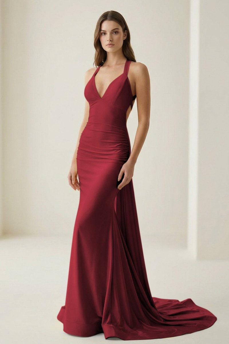Pink Halter Satin Mermaid Open Back Long Formal Prom Dresses - Curvevia
