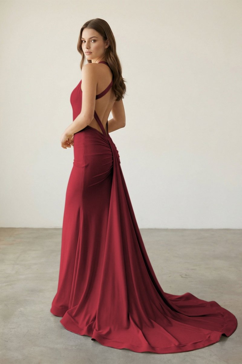 Pink Halter Satin Mermaid Open Back Long Formal Prom Dresses - Curvevia
