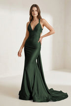 Pink Halter Satin Mermaid Open Back Long Formal Prom Dresses - Curvevia