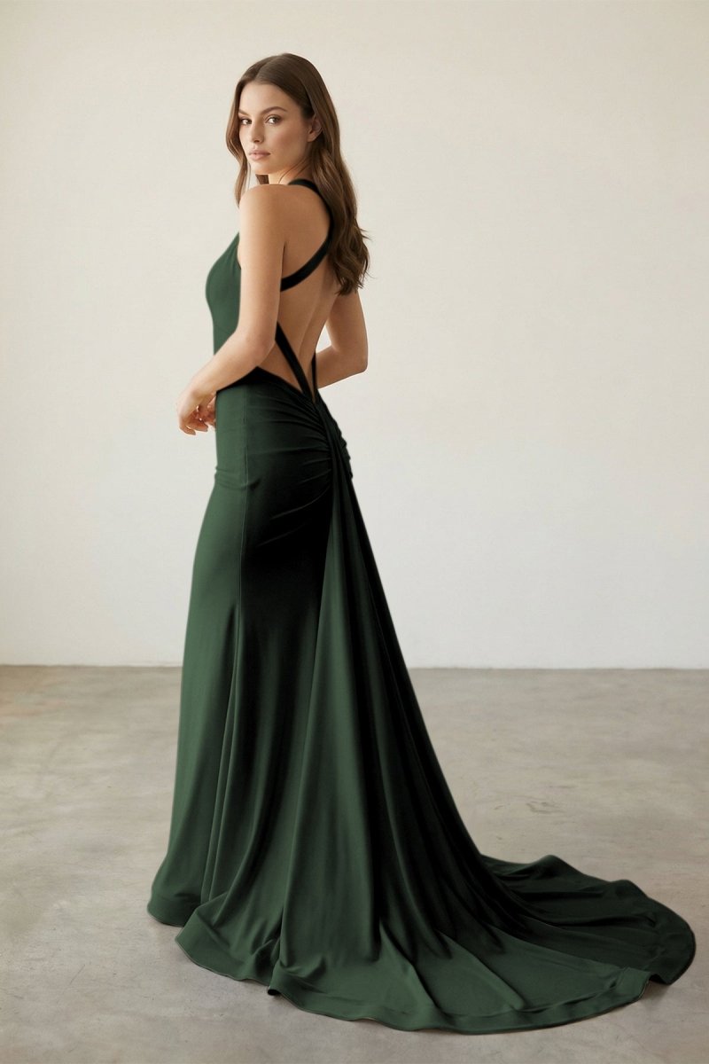 Pink Halter Satin Mermaid Open Back Long Formal Prom Dresses - Curvevia
