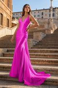 Pink Halter Satin Mermaid Open Back Long Formal Prom Dresses - Curvevia