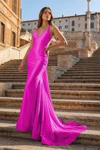Pink Halter Satin Mermaid Open Back Long Formal Prom Dresses - Curvevia