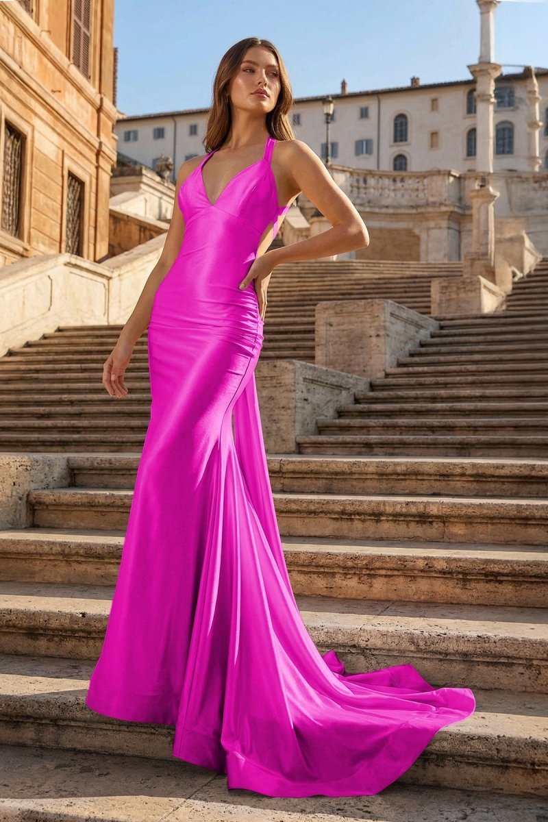 Pink Halter Satin Mermaid Open Back Long Formal Prom Dresses - Curvevia