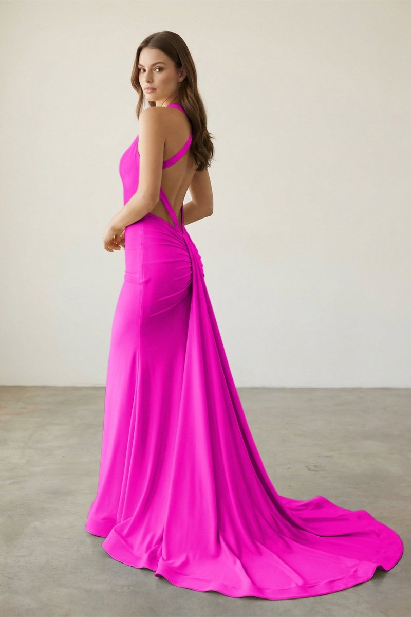 Pink Halter Satin Mermaid Open Back Long Formal Prom Dresses - Curvevia