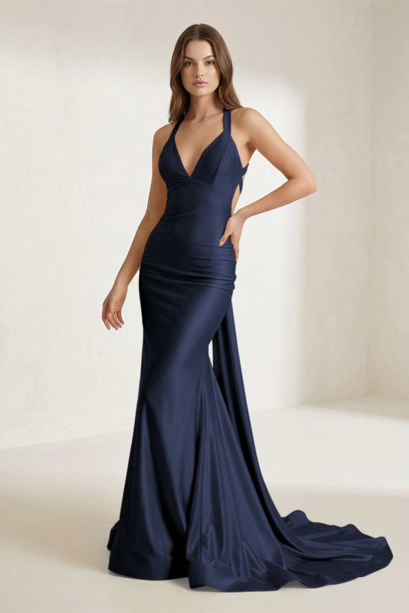 Pink Halter Satin Mermaid Open Back Long Formal Prom Dresses - Curvevia