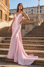 Pink Halter Satin Mermaid Open Back Long Formal Prom Dresses - Curvevia