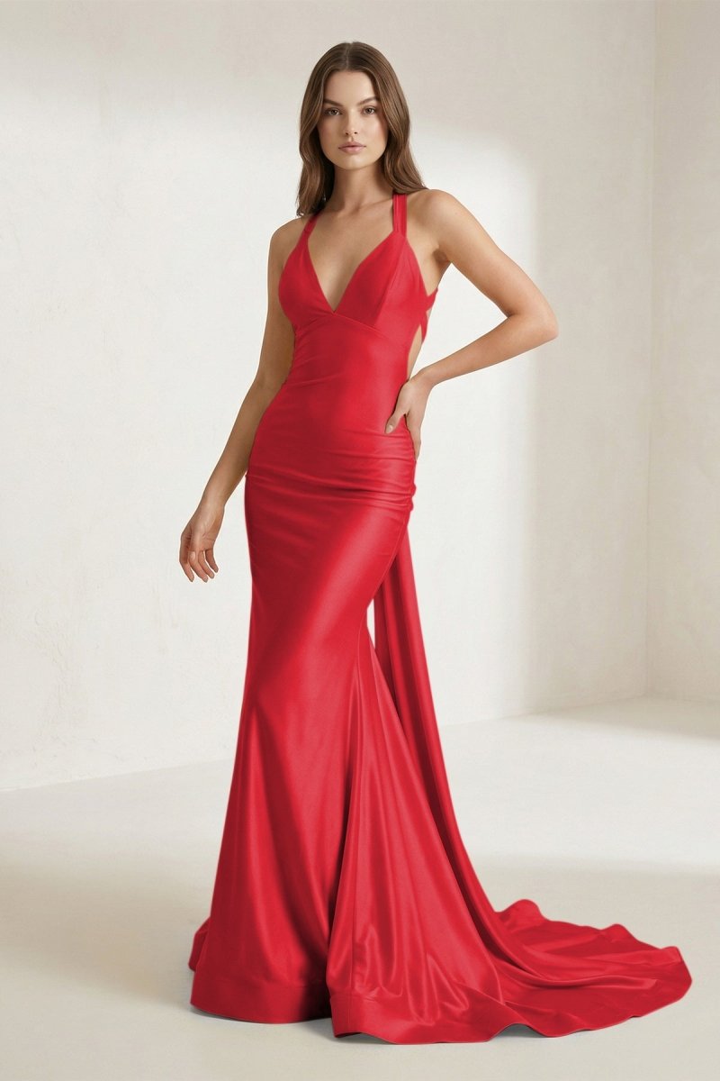 Pink Halter Satin Mermaid Open Back Long Formal Prom Dresses - Curvevia