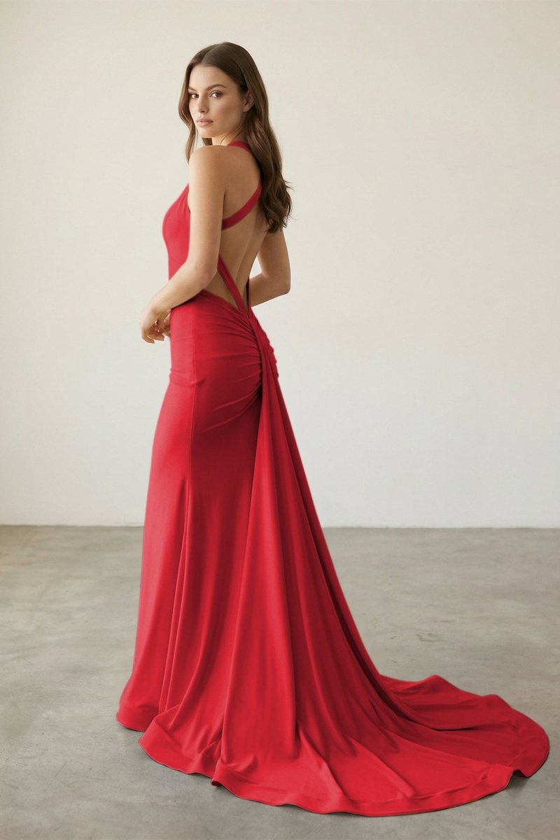 Pink Halter Satin Mermaid Open Back Long Formal Prom Dresses - Curvevia