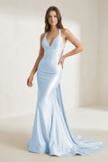 Pink Halter Satin Mermaid Open Back Long Formal Prom Dresses - Curvevia