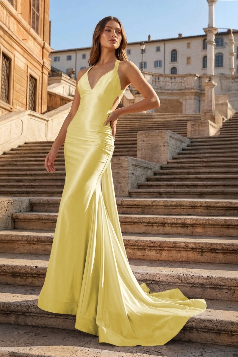 Pink Halter Satin Mermaid Open Back Long Formal Prom Dresses - Curvevia