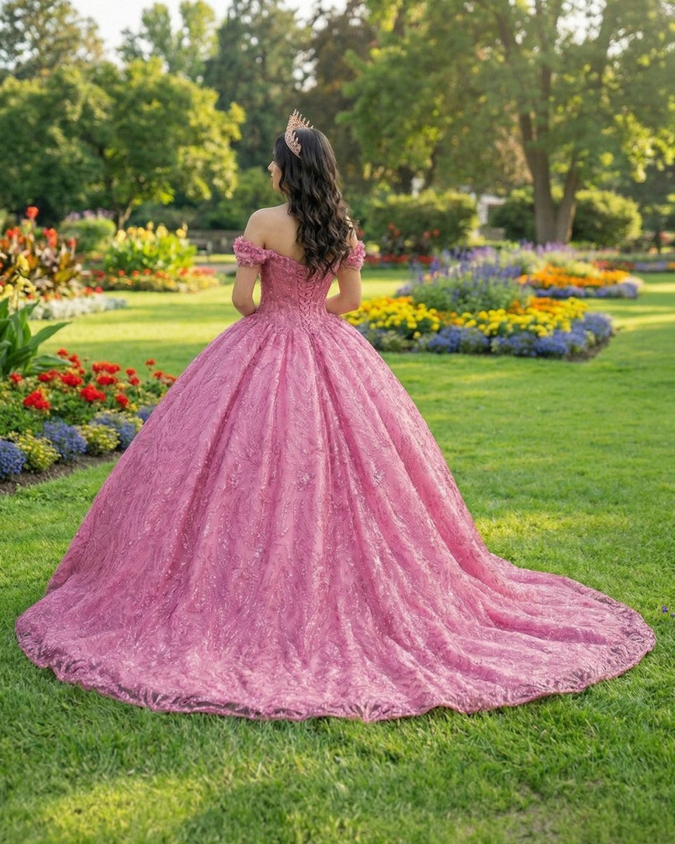Exquisite Tulle V-neck Off the Shoulder Appliqued Quinceanera Dress - Curvevia