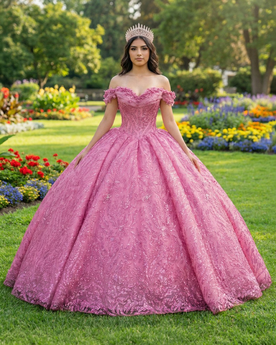 Exquisite Tulle V-neck Off the Shoulder Appliqued Quinceanera Dress - Curvevia