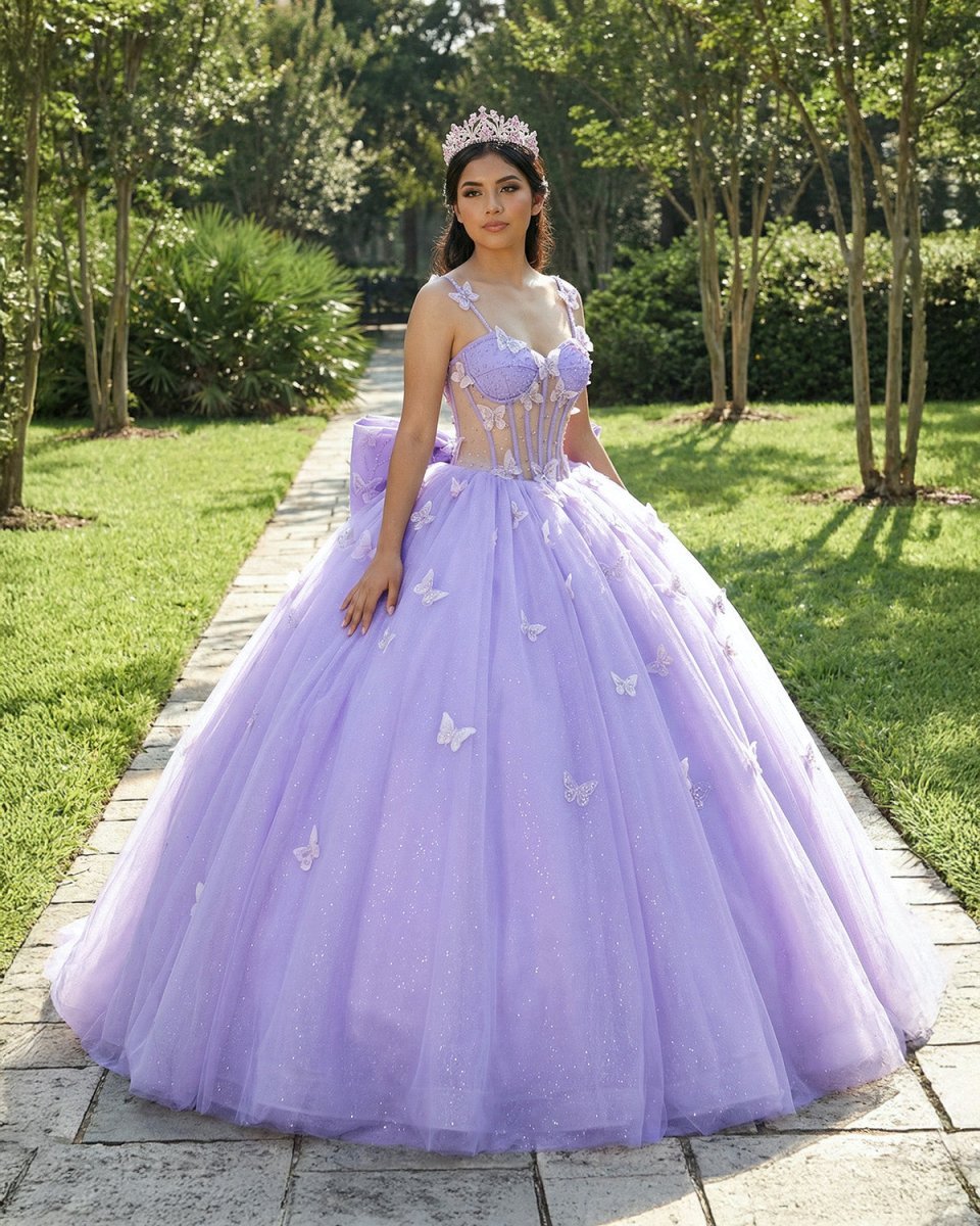 Spaghetti Straps Quinceanera Dresses Ball Gown with Butterfly Appliques and Bowknot - Curvevia