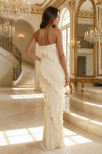 Pink - Sheath Strapless Chiffon Long Prom Dresses With Ruffles - Curvevia