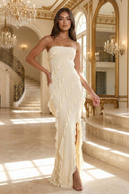 Pink - Sheath Strapless Chiffon Long Prom Dresses With Ruffles - Curvevia