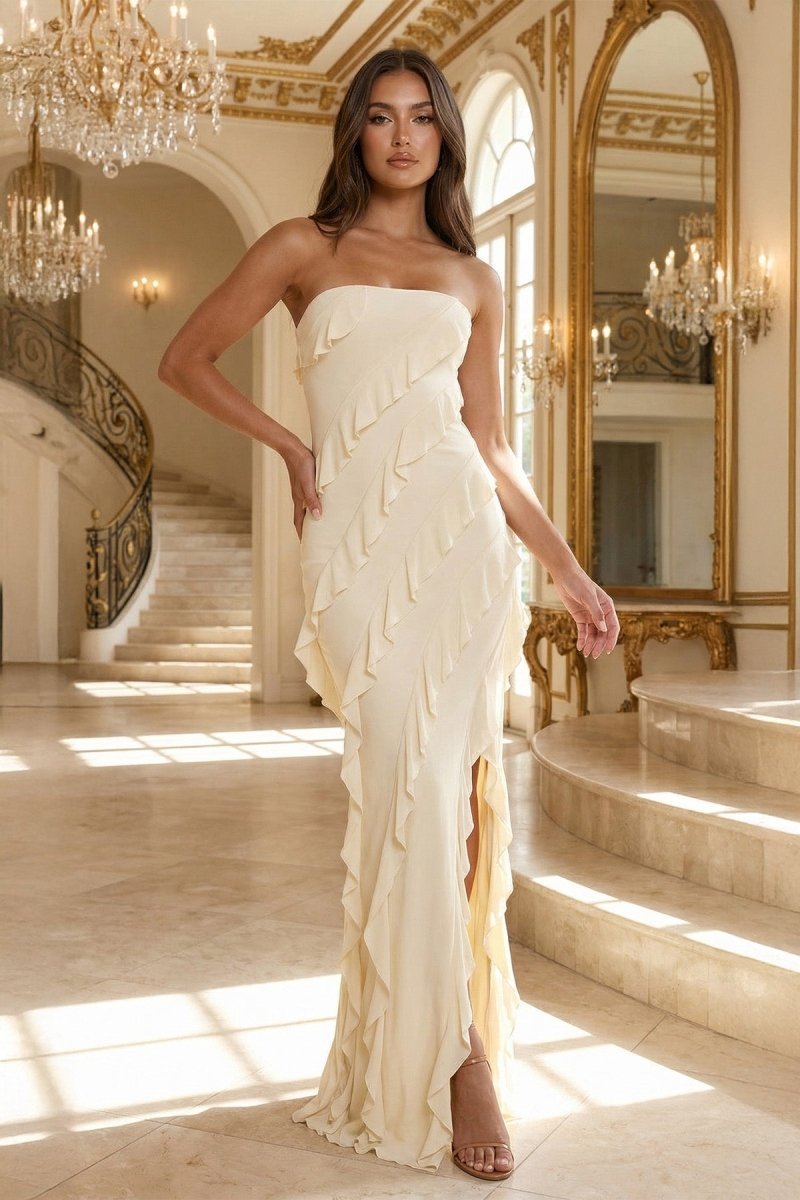 Pink - Sheath Strapless Chiffon Long Prom Dresses With Ruffles - Curvevia