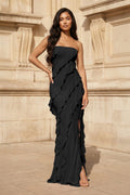 Pink - Sheath Strapless Chiffon Long Prom Dresses With Ruffles - Curvevia