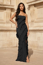 Pink - Sheath Strapless Chiffon Long Prom Dresses With Ruffles - Curvevia