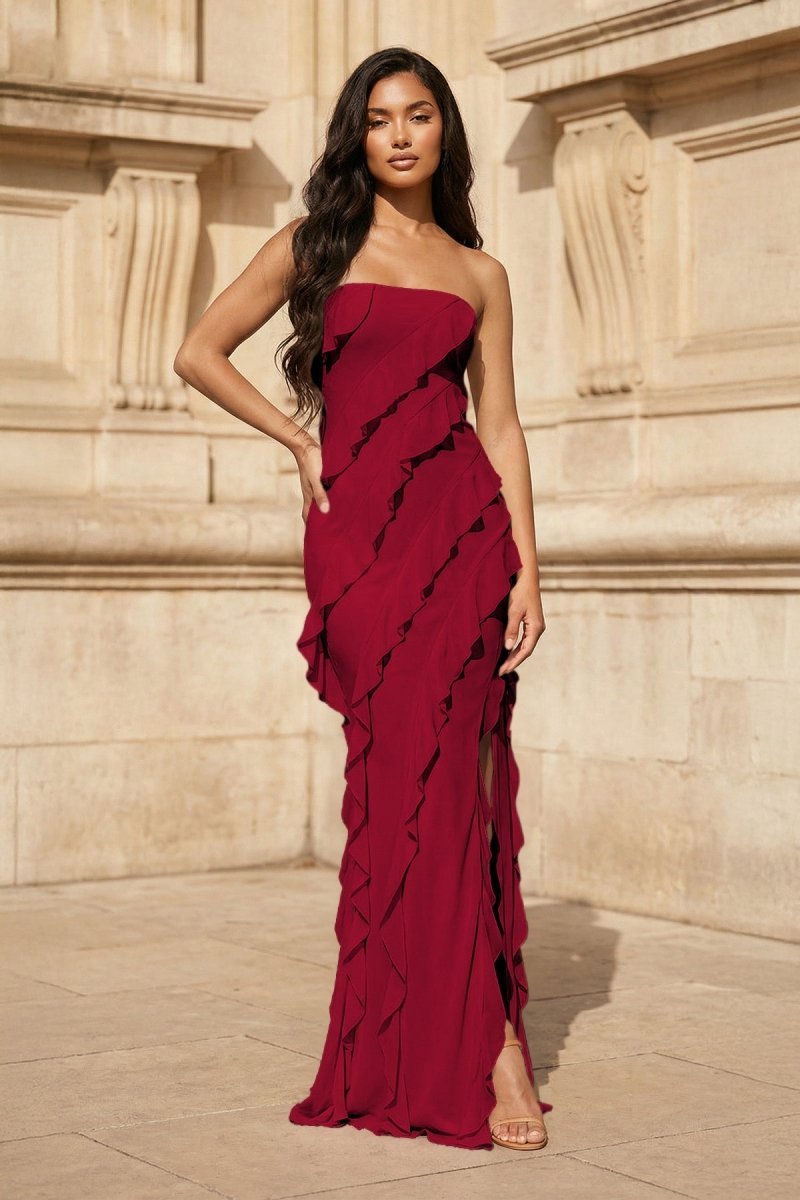 Pink - Sheath Strapless Chiffon Long Prom Dresses With Ruffles - Curvevia