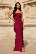 Pink - Sheath Strapless Chiffon Long Prom Dresses With Ruffles - Curvevia