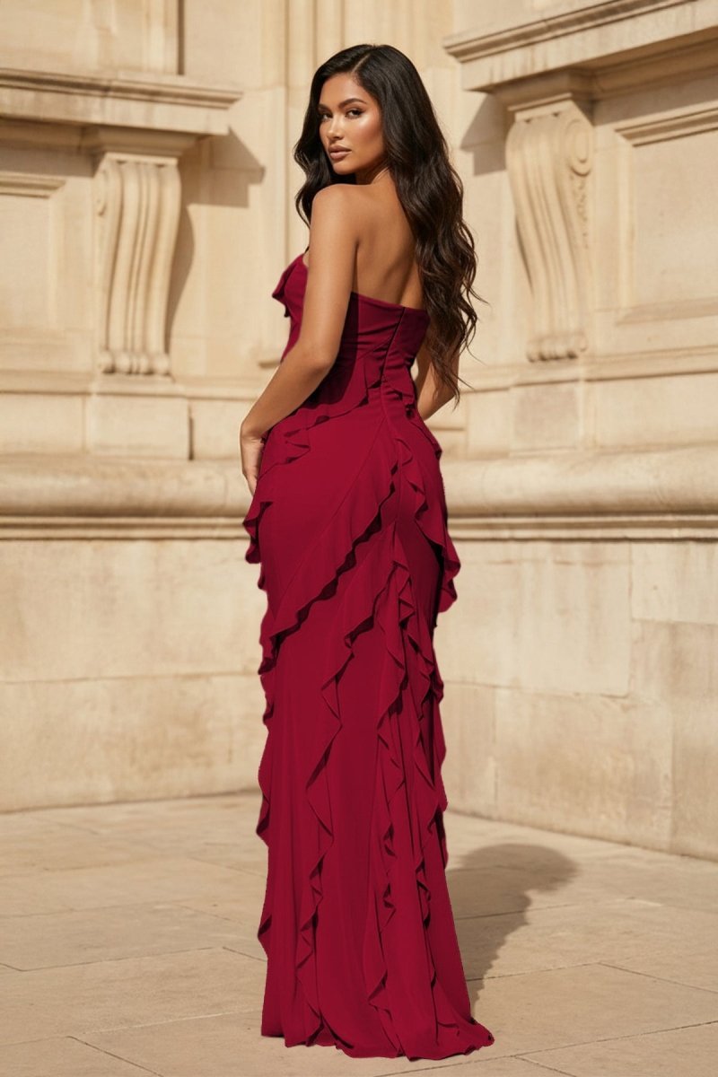 Pink - Sheath Strapless Chiffon Long Prom Dresses With Ruffles - Curvevia