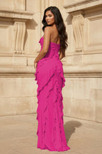 Pink - Sheath Strapless Chiffon Long Prom Dresses With Ruffles - Curvevia