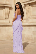 Pink - Sheath Strapless Chiffon Long Prom Dresses With Ruffles - Curvevia