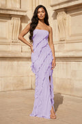 Pink - Sheath Strapless Chiffon Long Prom Dresses With Ruffles - Curvevia