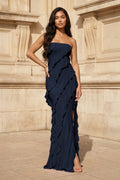 Pink - Sheath Strapless Chiffon Long Prom Dresses With Ruffles - Curvevia