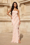 Pink - Sheath Strapless Chiffon Long Prom Dresses With Ruffles - Curvevia