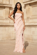Pink - Sheath Strapless Chiffon Long Prom Dresses With Ruffles - Curvevia