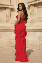 Pink - Sheath Strapless Chiffon Long Prom Dresses With Ruffles - Curvevia