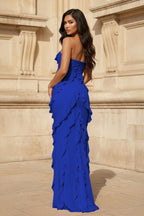 Pink - Sheath Strapless Chiffon Long Prom Dresses With Ruffles - Curvevia