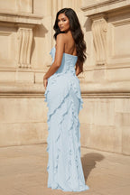 Pink - Sheath Strapless Chiffon Long Prom Dresses With Ruffles - Curvevia