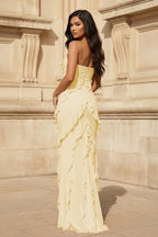 Pink - Sheath Strapless Chiffon Long Prom Dresses With Ruffles - Curvevia