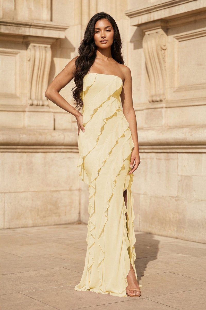 Pink - Sheath Strapless Chiffon Long Prom Dresses With Ruffles - Curvevia