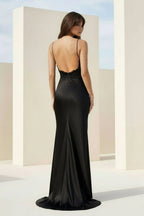 Black Spaghetti Straps Mermaid Satin Backless Evening Dress With Beading - Curvevia