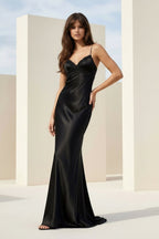 Black Spaghetti Straps Mermaid Satin Backless Evening Dress With Beading - Curvevia
