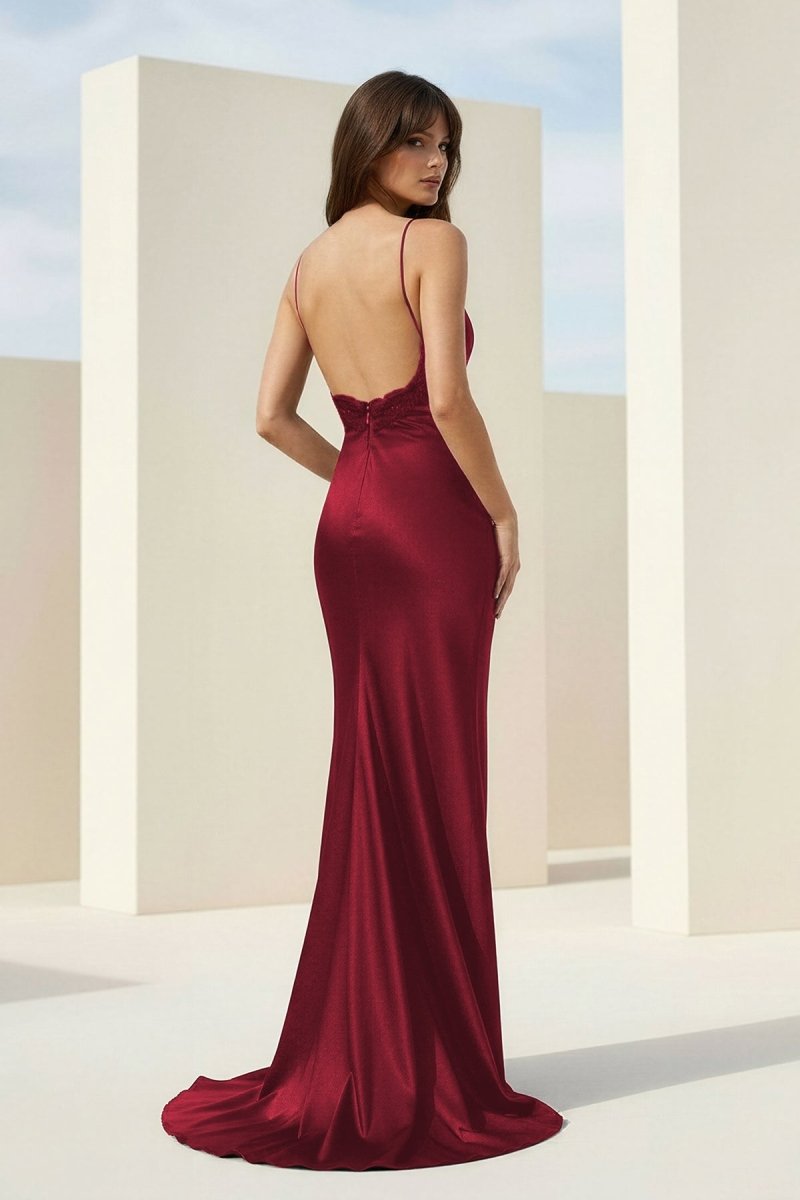 Black Spaghetti Straps Mermaid Satin Backless Evening Dress With Beading - Curvevia