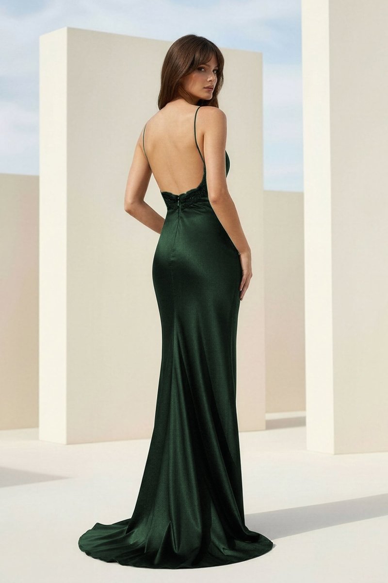 Black Spaghetti Straps Mermaid Satin Backless Evening Dress With Beading - Curvevia