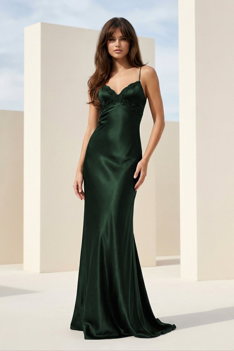 Black Spaghetti Straps Mermaid Satin Backless Evening Dress With Beading - Curvevia