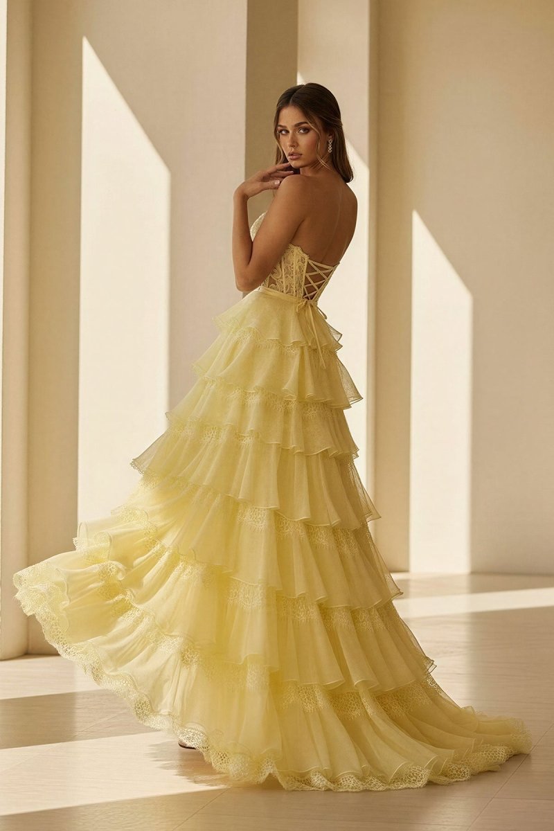 Pink Sweetheart A Line Chiffon Tiered Evening Dress With Bow - Curvevia