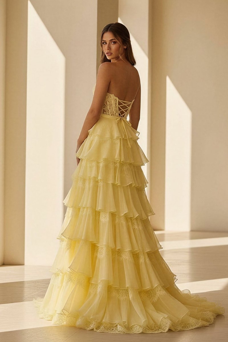 Pink Sweetheart A Line Chiffon Tiered Evening Dress With Bow - Curvevia