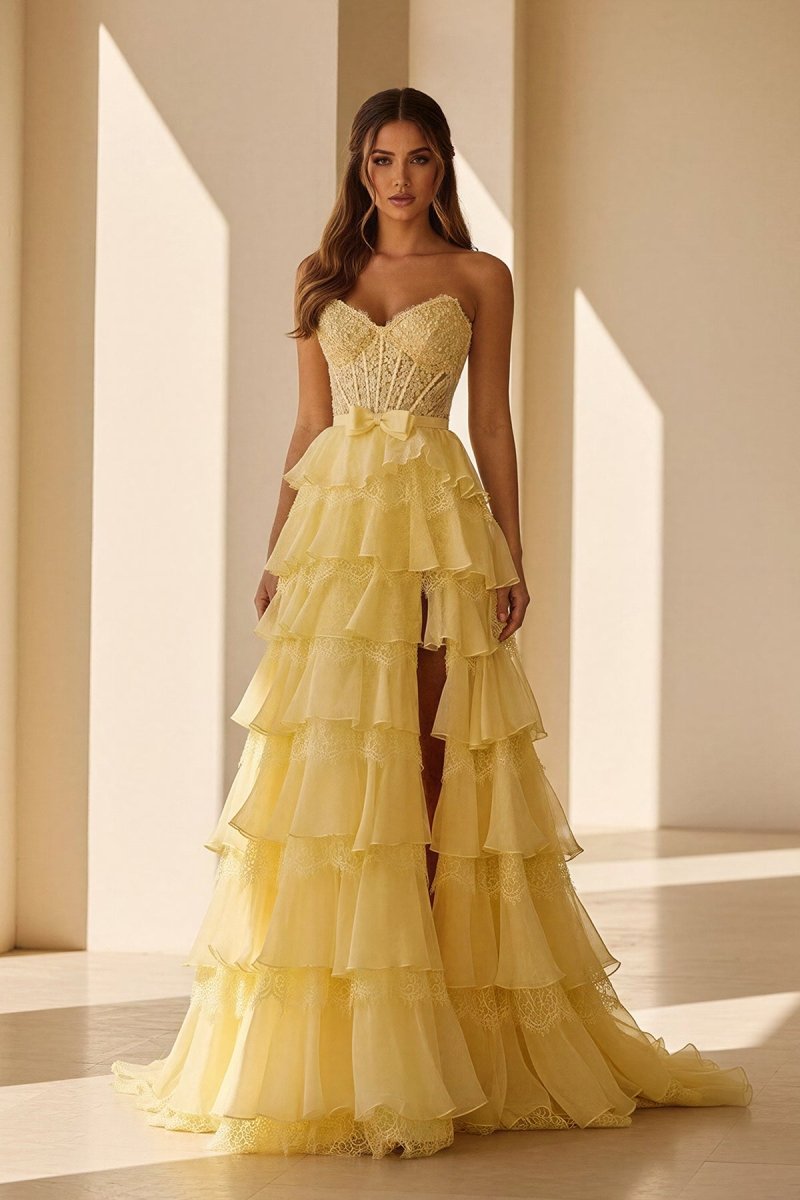 Pink Sweetheart A Line Chiffon Tiered Evening Dress With Bow - Curvevia