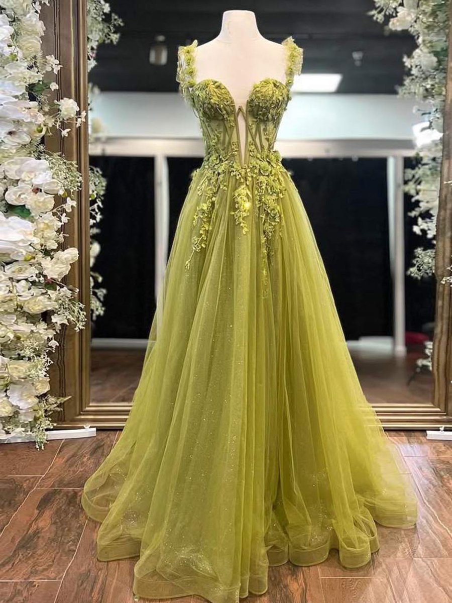 A-Line Olive Spaghetti Straps Tulle Long Wedding Guest Dress with Lace Appliques - Curvevia