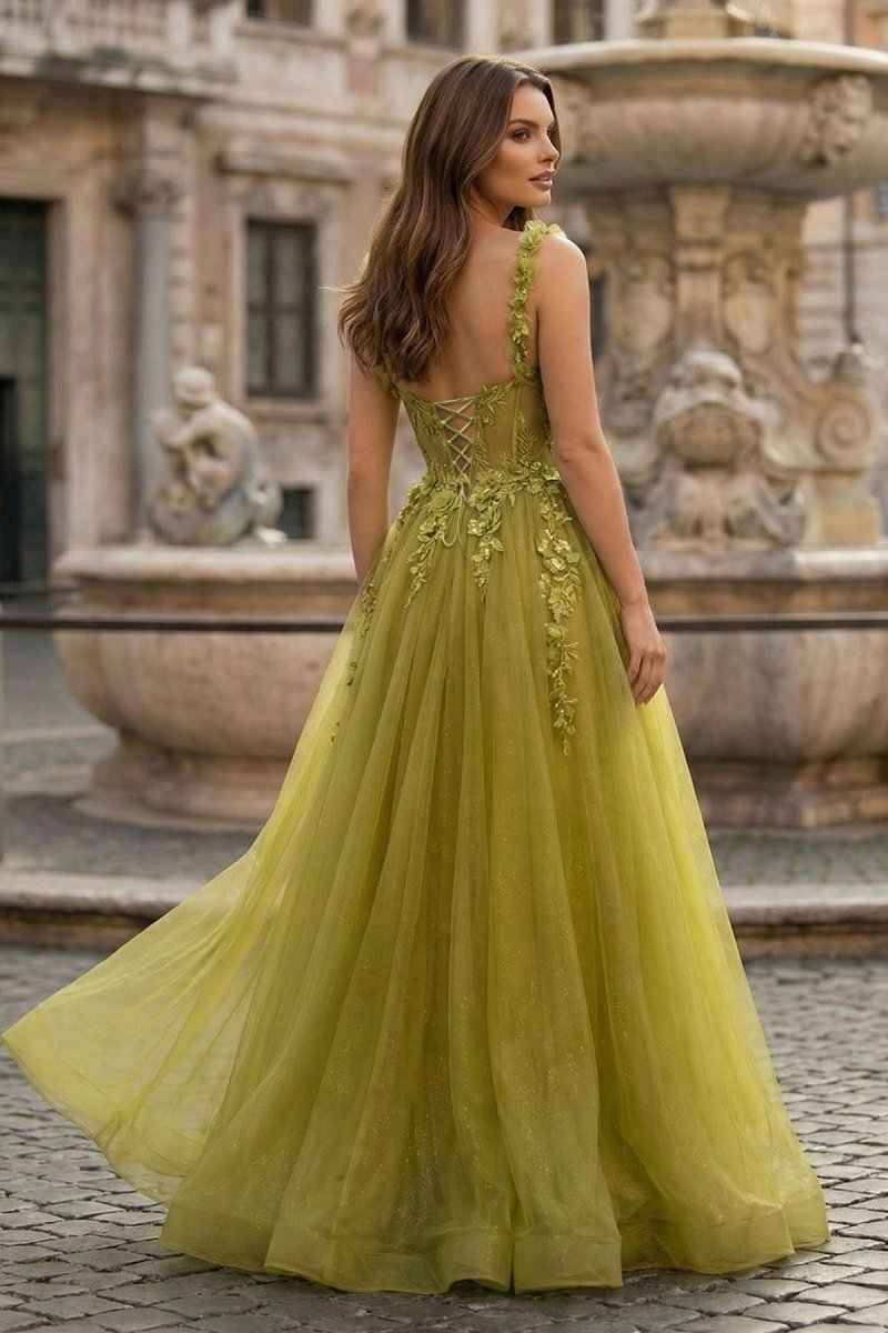 A-Line Olive Spaghetti Straps Tulle Long Wedding Guest Dress with Lace Appliques - Curvevia