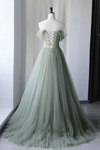 Princess Off the Shoulder Embroidering Tulle Sage Ball Gown - Curvevia